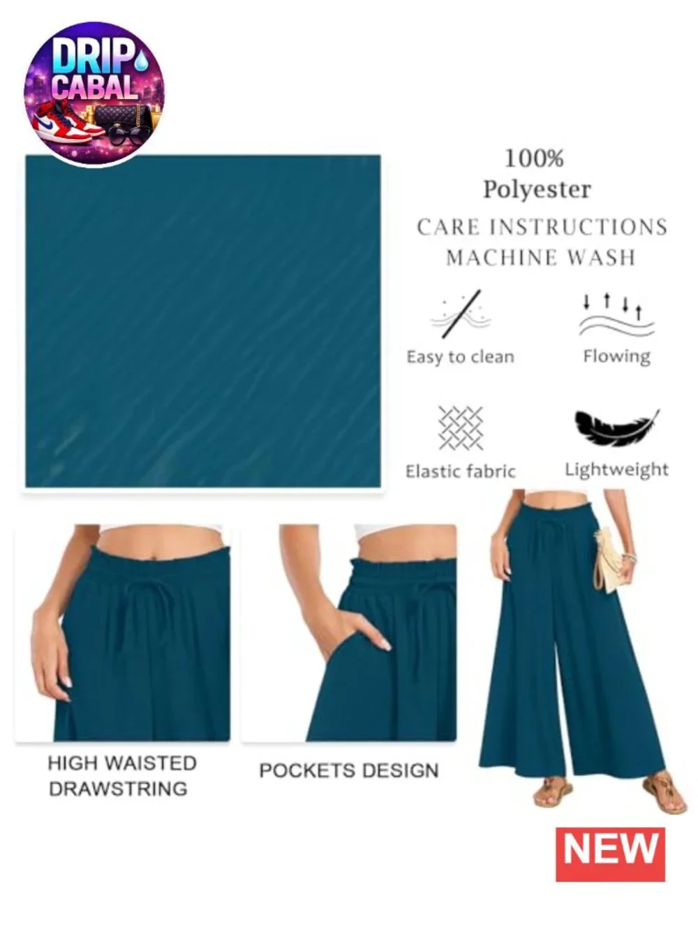 Flowy Wide Leg Palazzo Pants with Pockets, High Rise Drawstring Boho Trousers